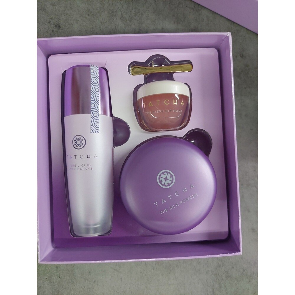 Tatcha Makeup Perfecting set NIB Liquid silk canvas, Silk Powder and Kissu lip